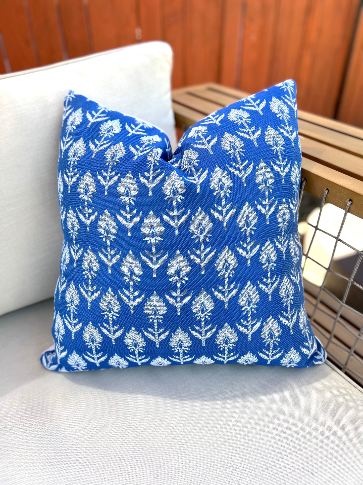 Blue and white outdoor pillow cover