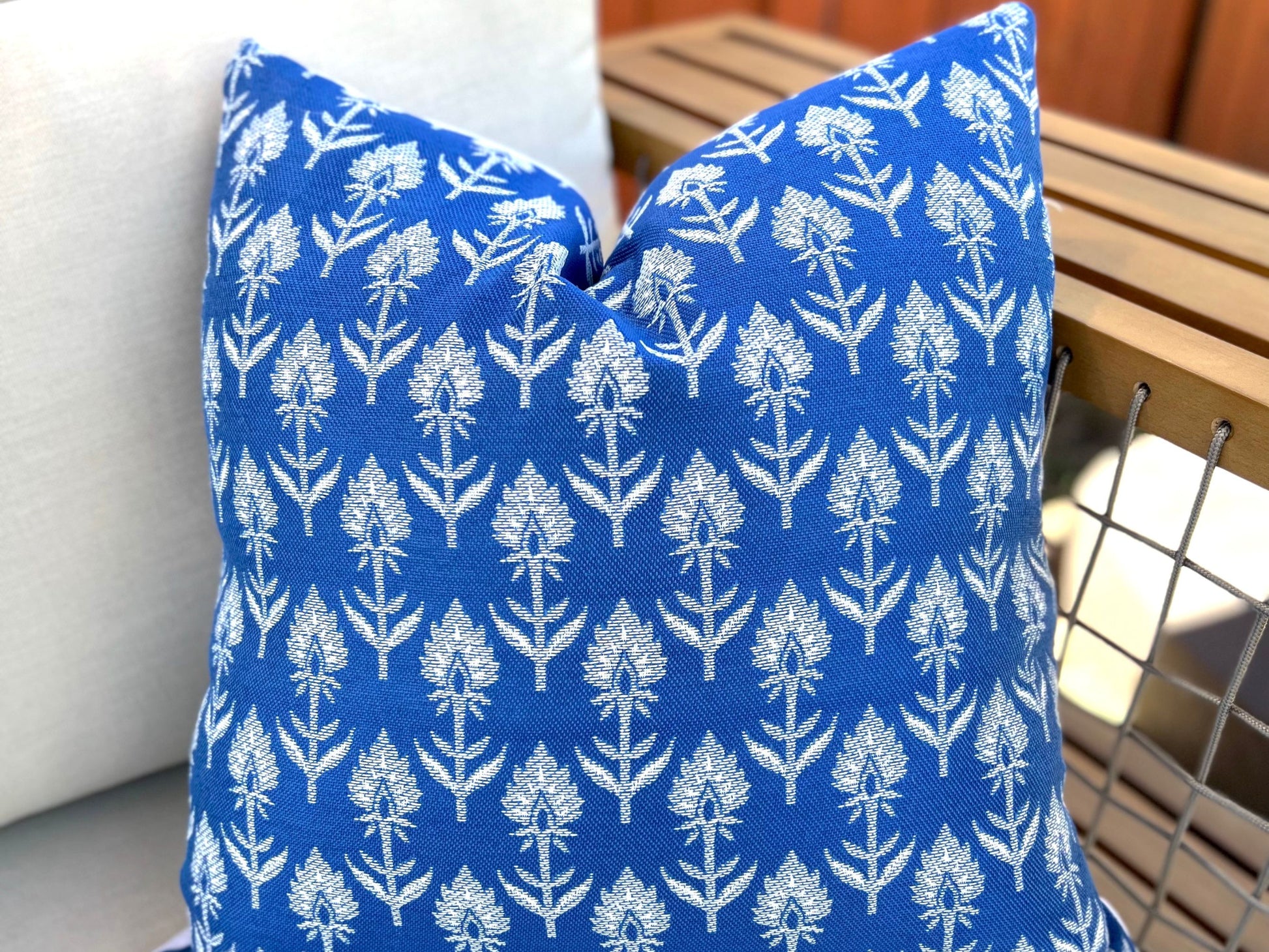 Blue and white outdoor pillow cover