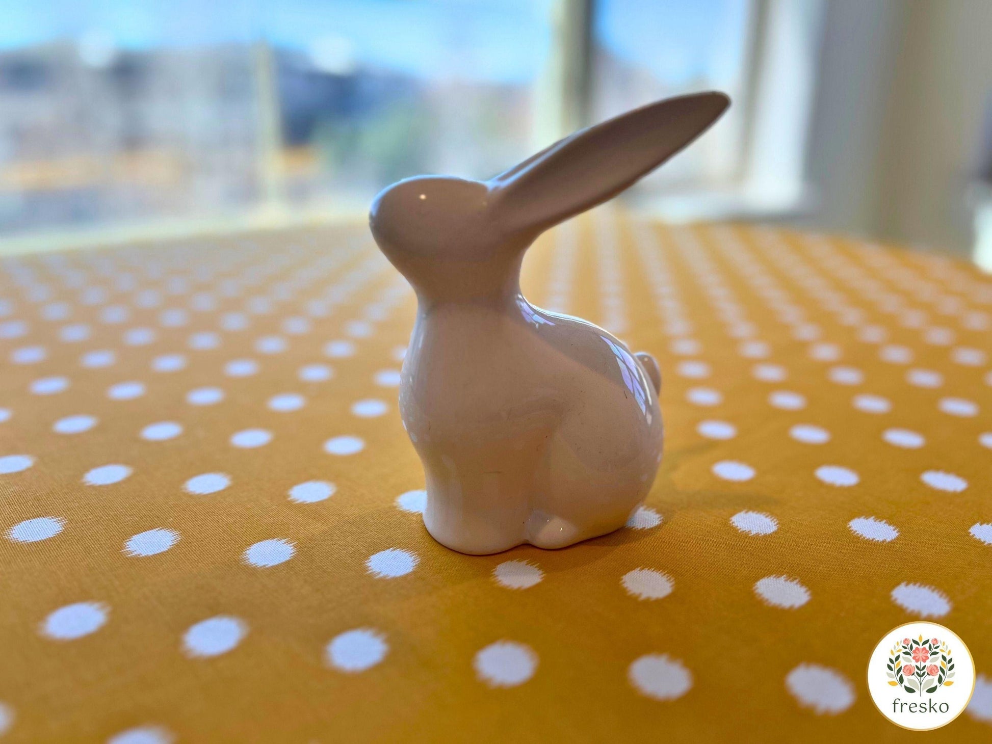 Yellow dot square fitted tablecloth with Easter decoration