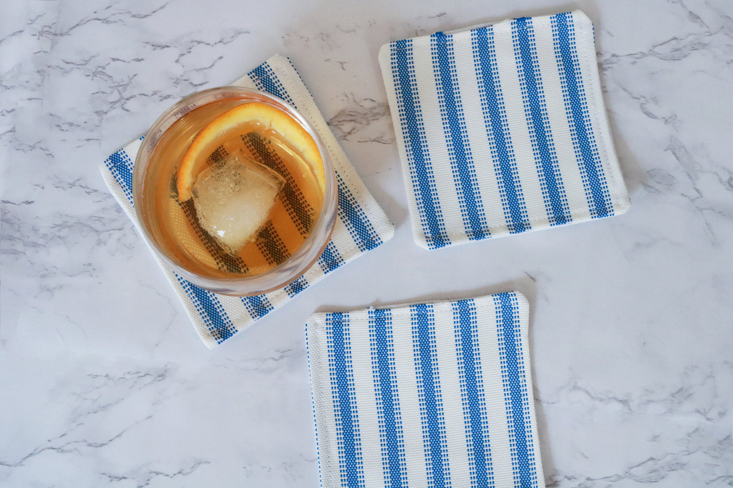 Cocktail Coasters | Blue Ticking Stripe Fabric