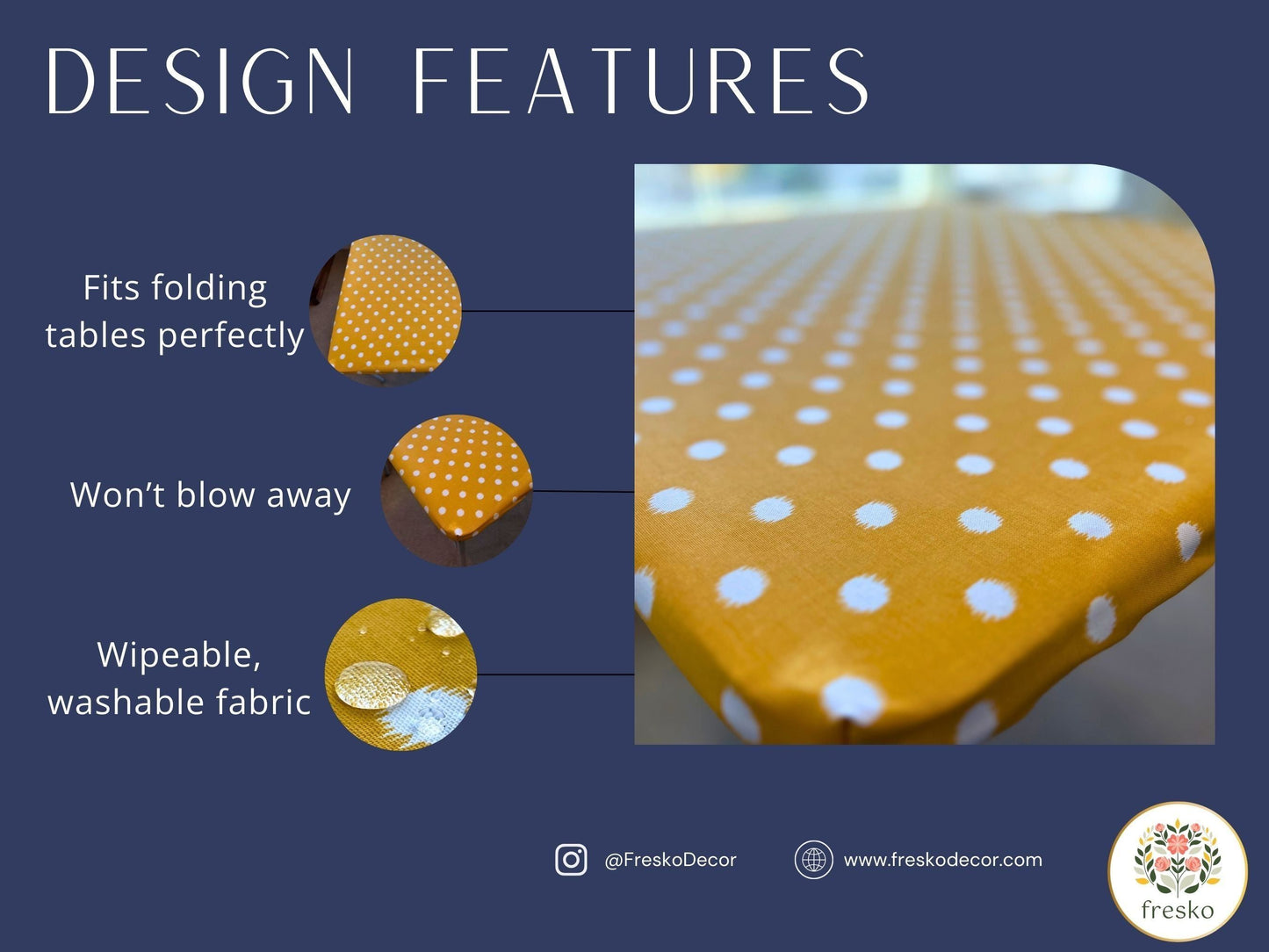 Fitted tablecloth design features won't blow away, fits table perfectly, wipeable washable fabric